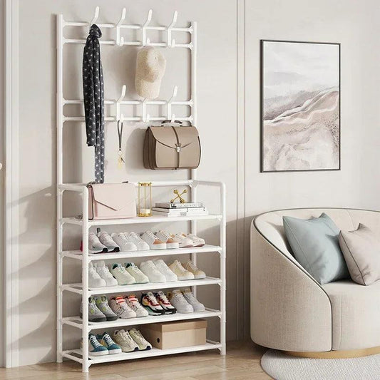 organizer with clothes hanger shoe rack and shelves